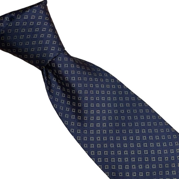 XL 63” Italian 7 Fold Silk Tie Navy Gold Geometric 7 Pieghe Extra Long